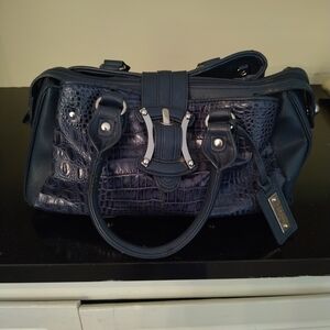MADI CLAIRE Metallic Blue Embossed Crocodile Satchel